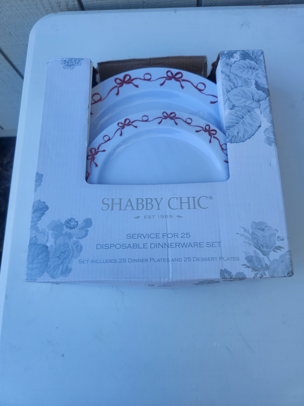 Shabby Chic White Disposable Dinner Plates with Red Ribbon Trim Set 50 Pcs